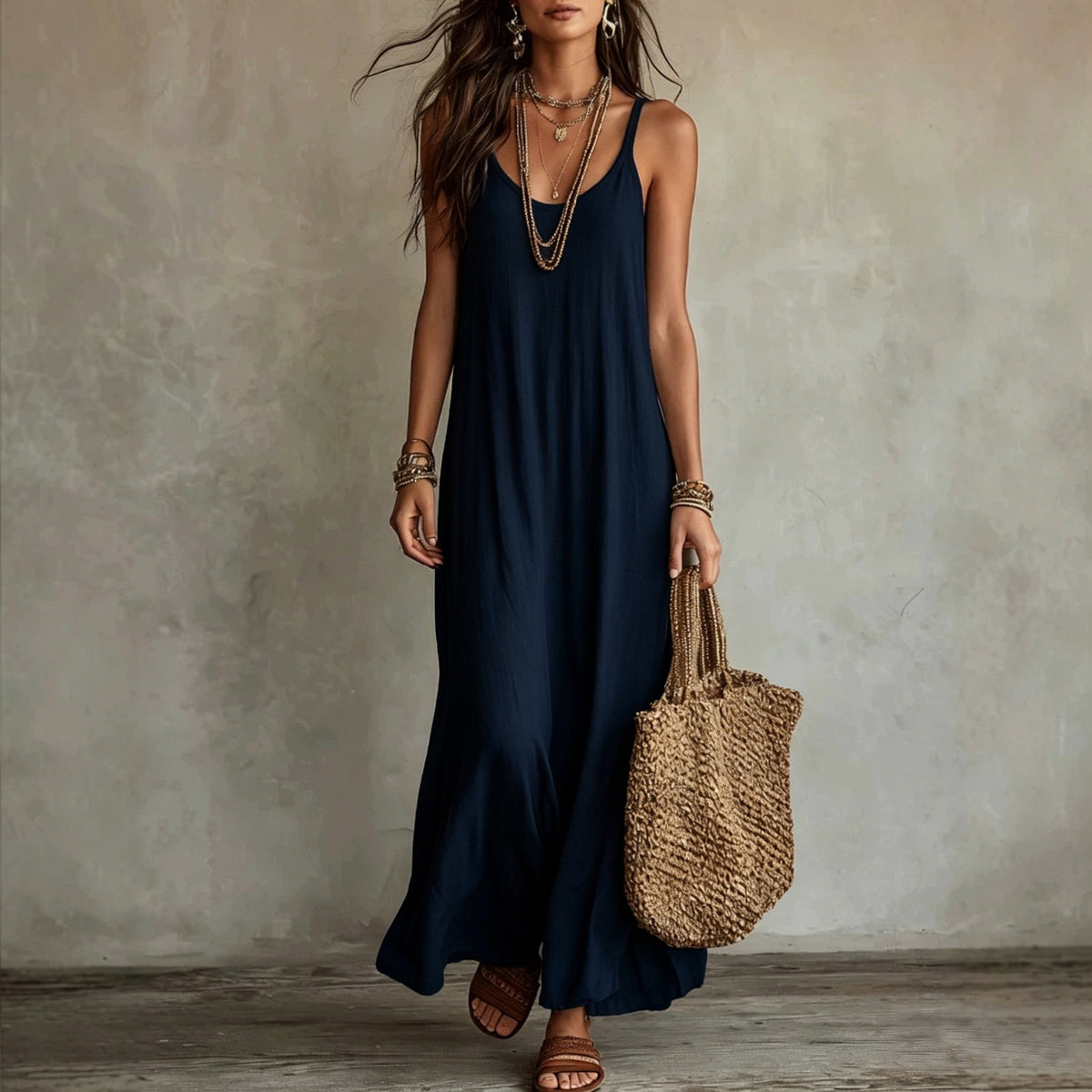 Womens Bohemian Loose-fit Solid-color Dress