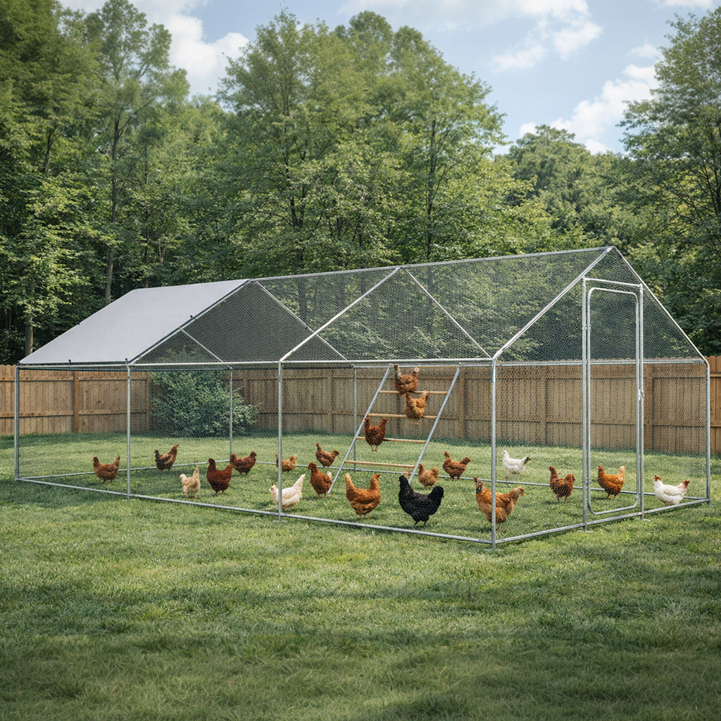 Large Walk-In Metal Chicken Coop with Roof, Roosting Perch, Lockable Door and Outdoor Run