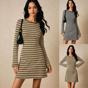 Womens Crew-neck Pullover Contrast-striped Knit Dress