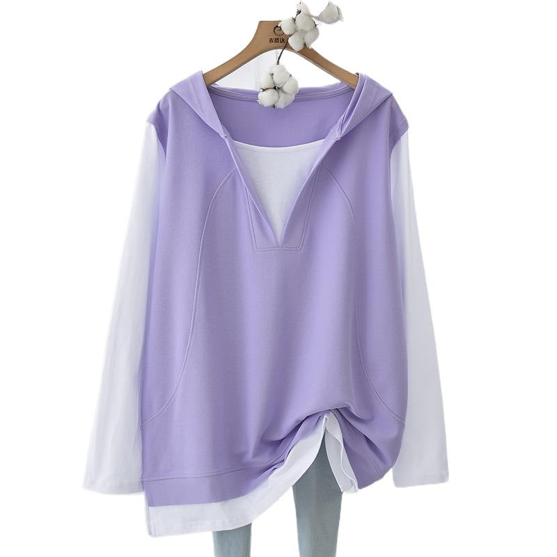 Comfy Fake Two-Piece Hooded Mid-Length Sweatshirt