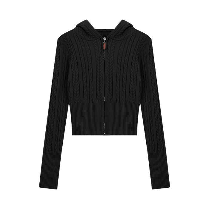 Soft Textured Knitted Hoodie with a Lazy Korean-style Zip-up Design