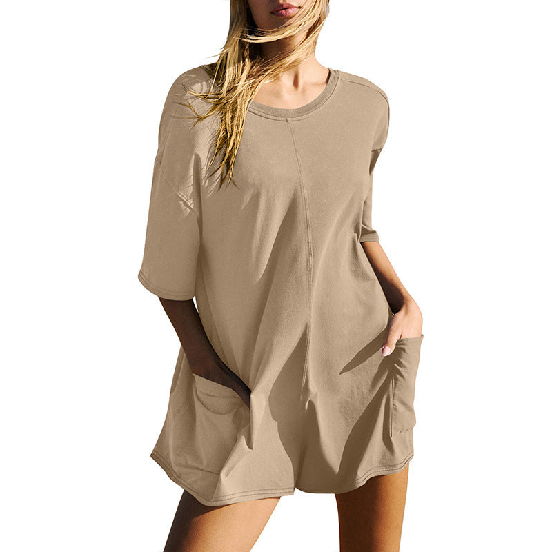 Women's Casual Crew Neck Short Sleeve Pocket Jumpsuit
