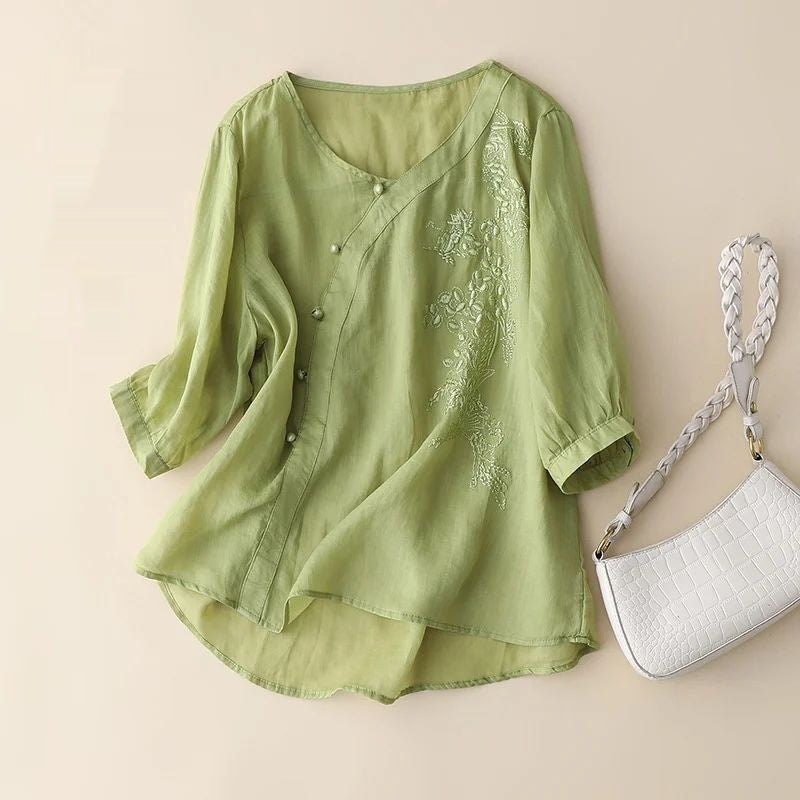 Plus Size Slimming Cotton And Linen Top With Buckle Loose Cotton-linen Shirt Women
