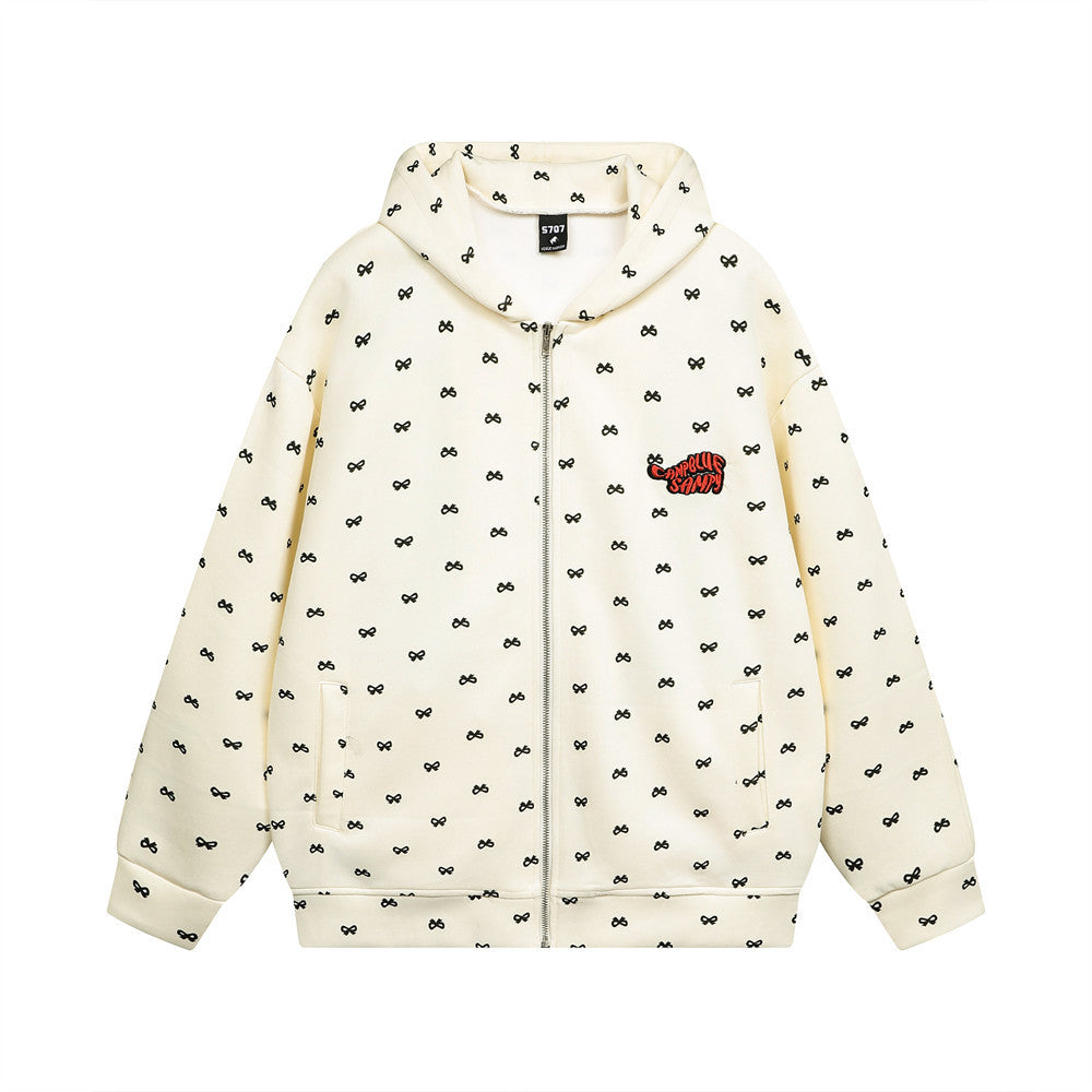Trendy Bow Print Zip-Up Hoodie Streetwear Sweater