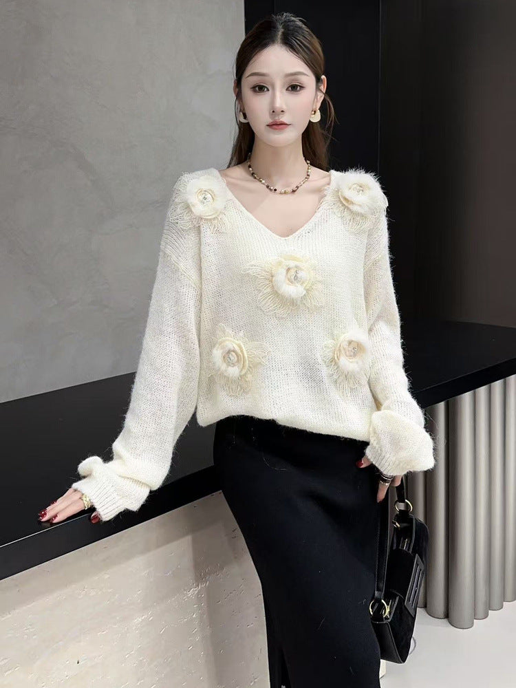Gentle Style 3d Floral V-neck Sweet Age-reducing Sweater
