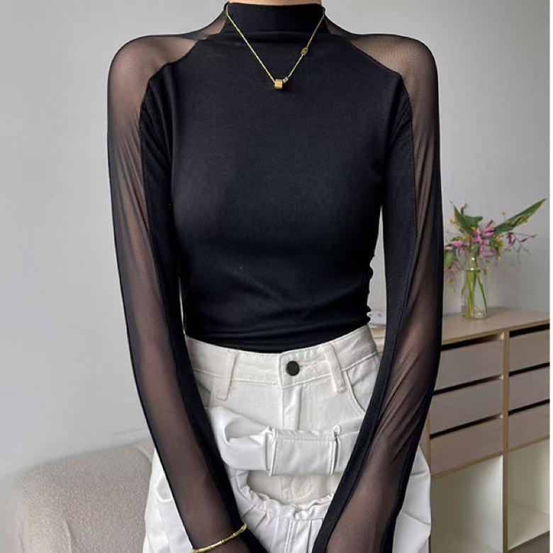 Sleek High-Neck Mesh Slimming Top for Women – Black, Pull‑Over