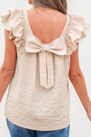 Beige Textured Bow Knot Frilled Butterfly Sleeve Blouse