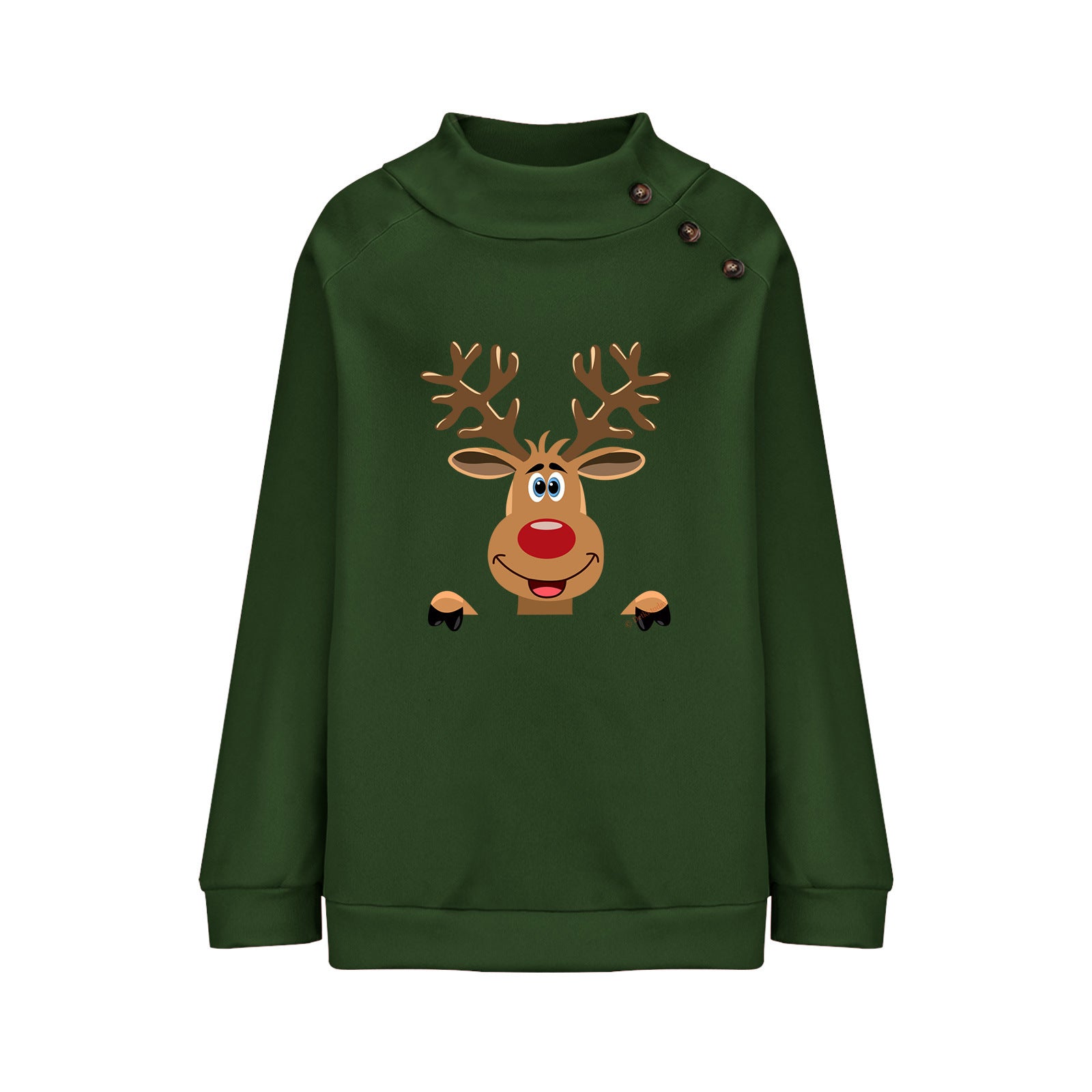 Deer Cartoon Turtleneck Buttons Loose Long Sleeve Sweatershirt Female
