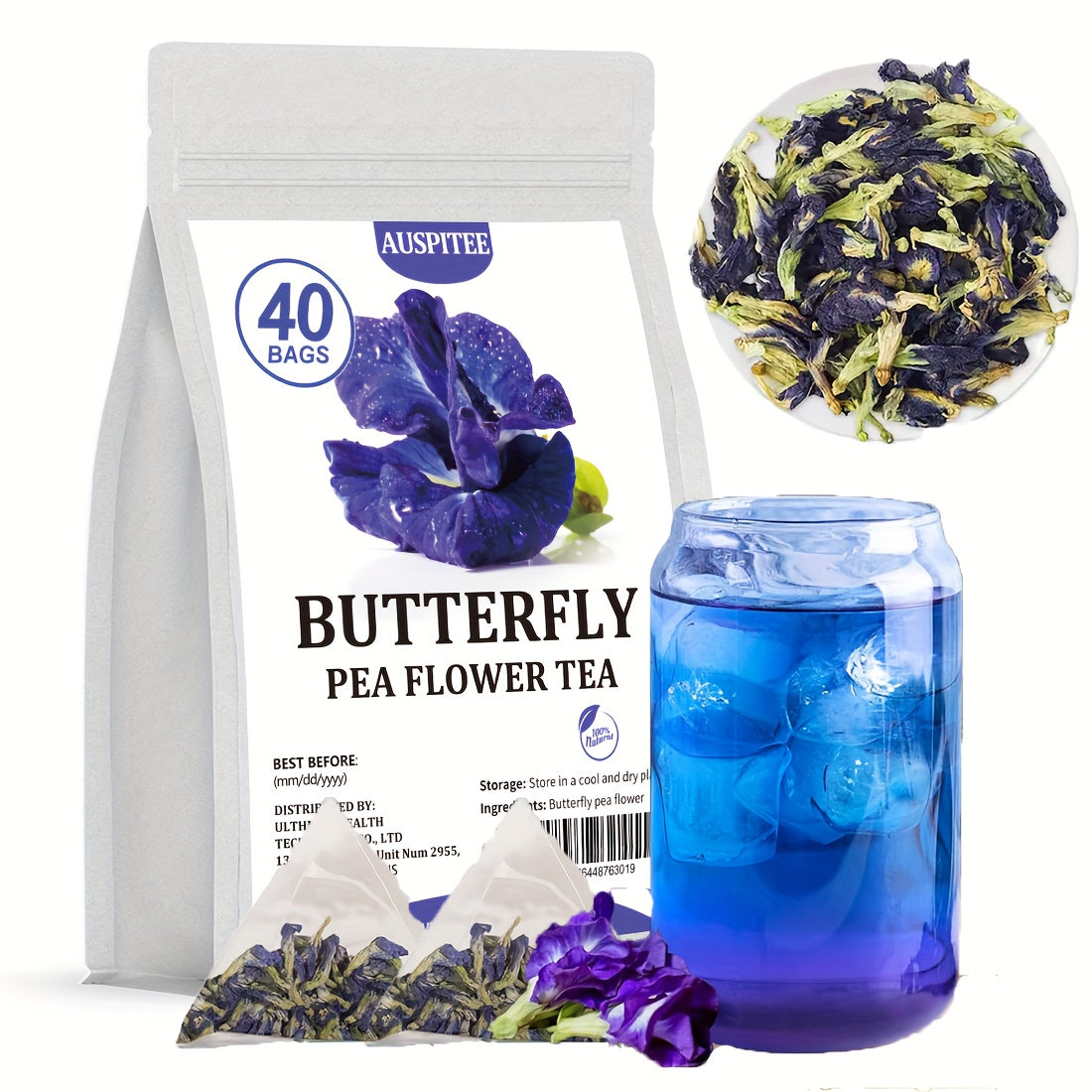 Butterfly Pea Flower Tea Bags, 40 Count, 60g