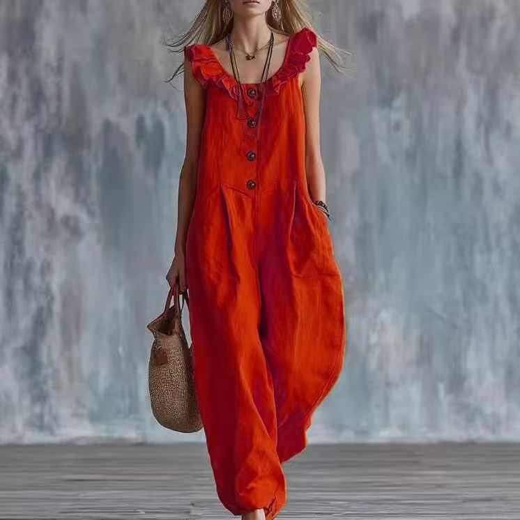 Boho Sleeveless Button-Down Wide Leg Jumpsuit