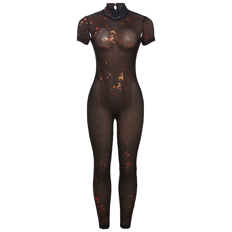 Sexy Backless Hollow-Out Turtleneck Printed Jumpsuit