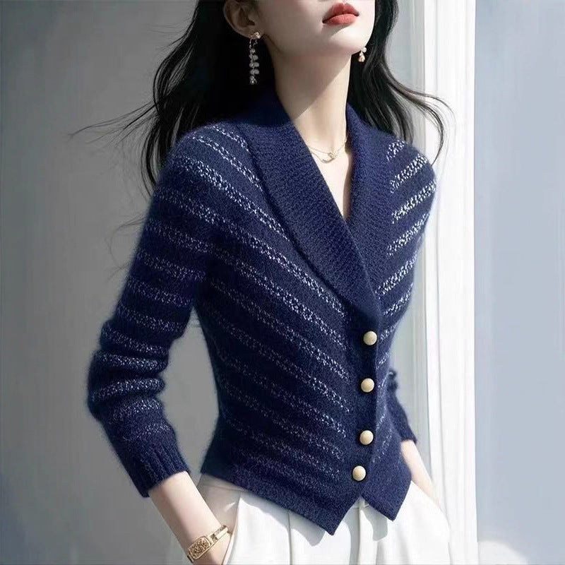 Fashionable Striped Knitted Cardigan Sweater Coat