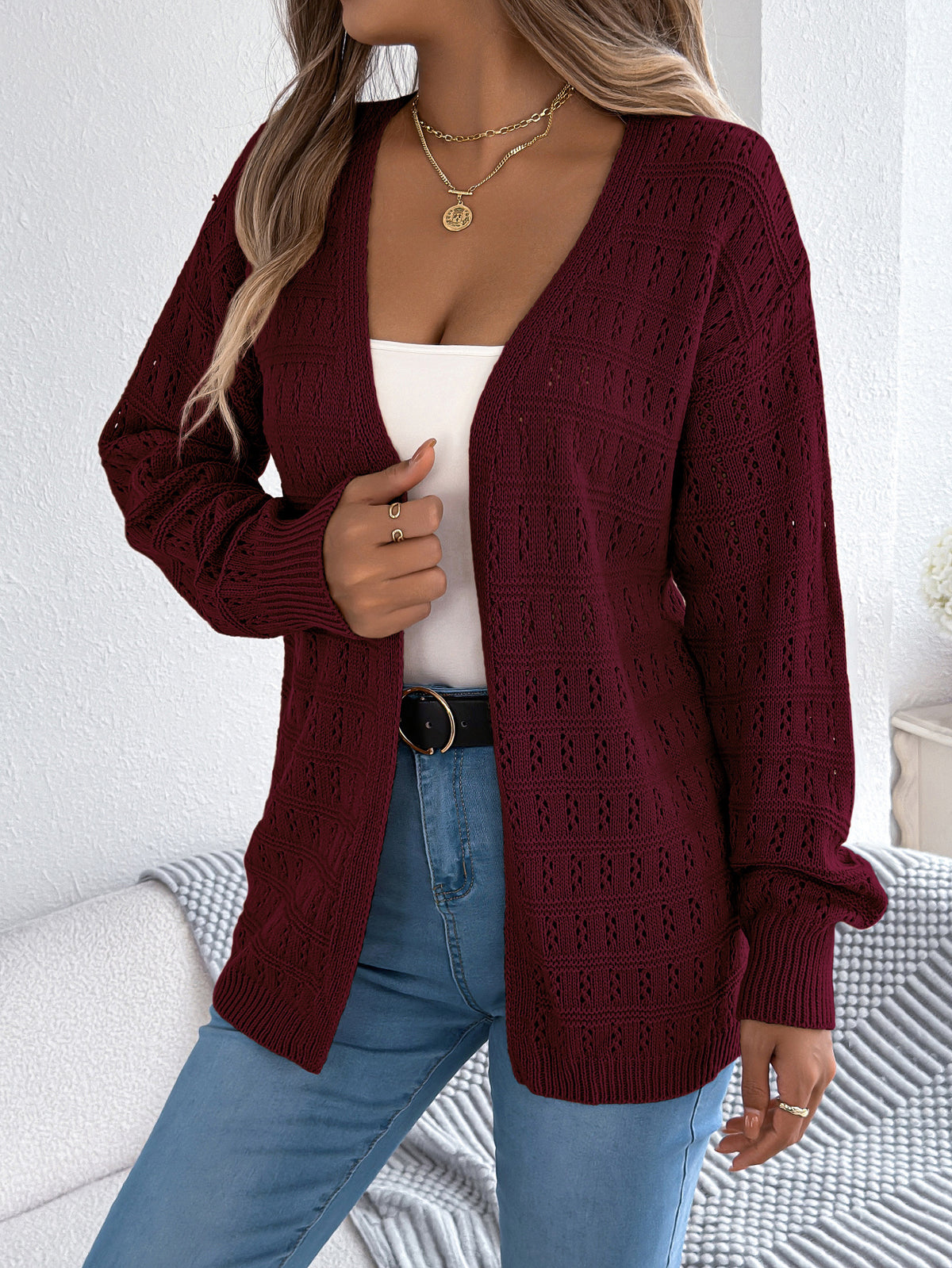 Women Solid Color Hollow Out Lantern Sleeve Long Sleeve Cardigan Sweater Coat