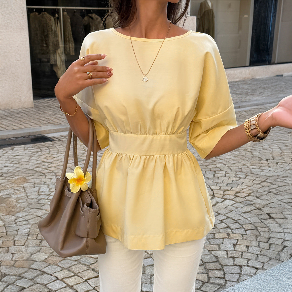 French-Inspired Romantic Backless Lace-Up Loose Shirt - Yellow