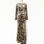 Leopard Print Velvet Long-Sleeve Maxi Evening Gown