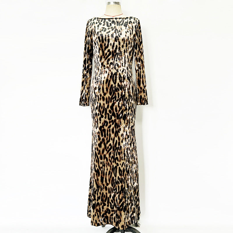 Leopard Print Velvet Long-Sleeve Maxi Evening Gown