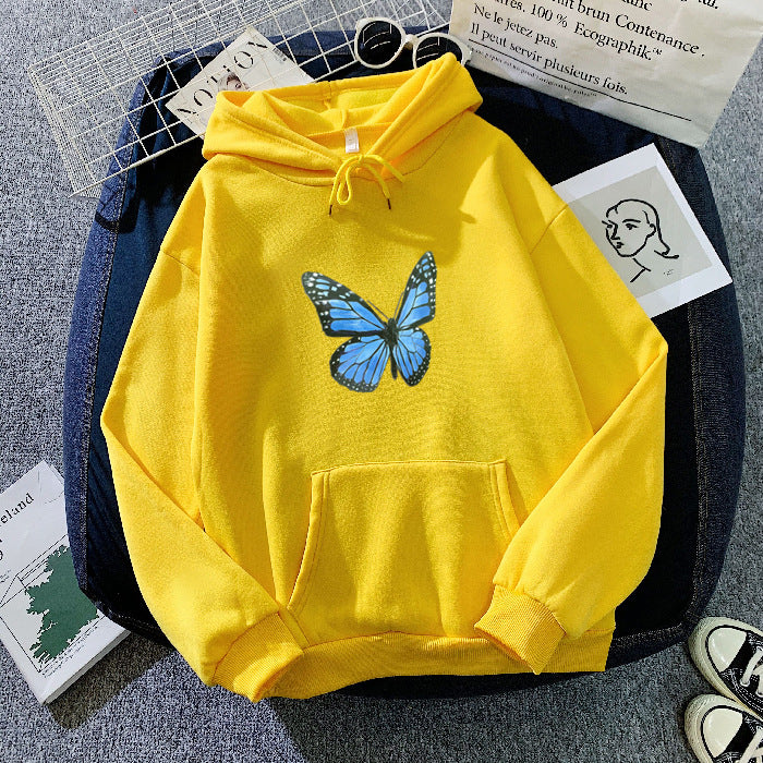 Cozy Fleece-Lined Butterfly Print Pullover Hoodie