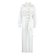 Fashion Polo Collar Long Sleeve Casual Wide Leg Jumpsuit