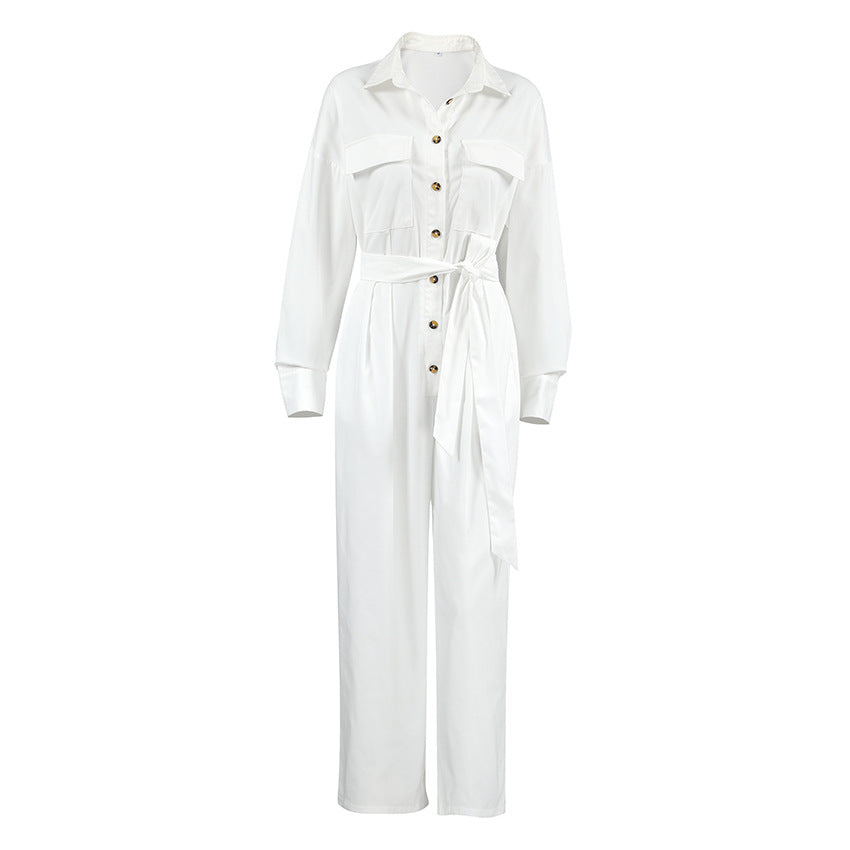 Fashion Polo Collar Long Sleeve Casual Wide Leg Jumpsuit