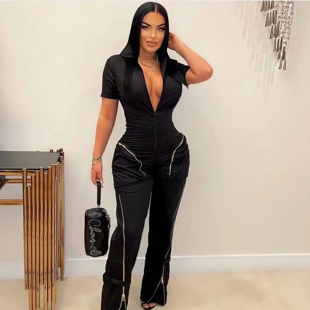 Summer Zipper Workwear With Pocket Jumpsuit