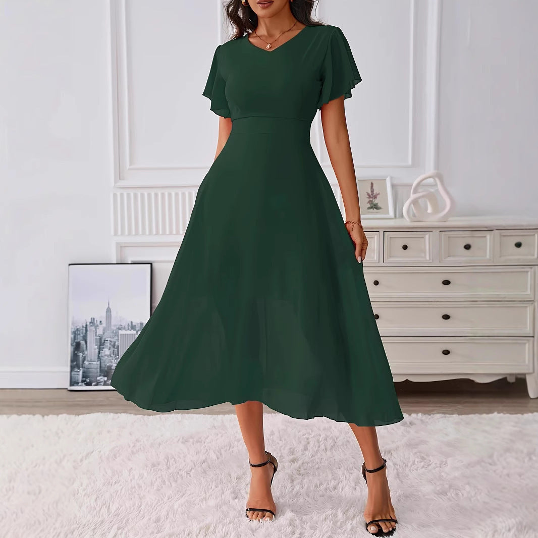 Womens Cinched Waist V-neck Swing Chiffon Dress