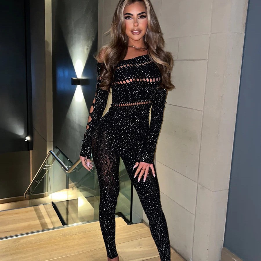 Rhinestone Long Sleeve Fishnet Sexy Bodysuit Lingerie
