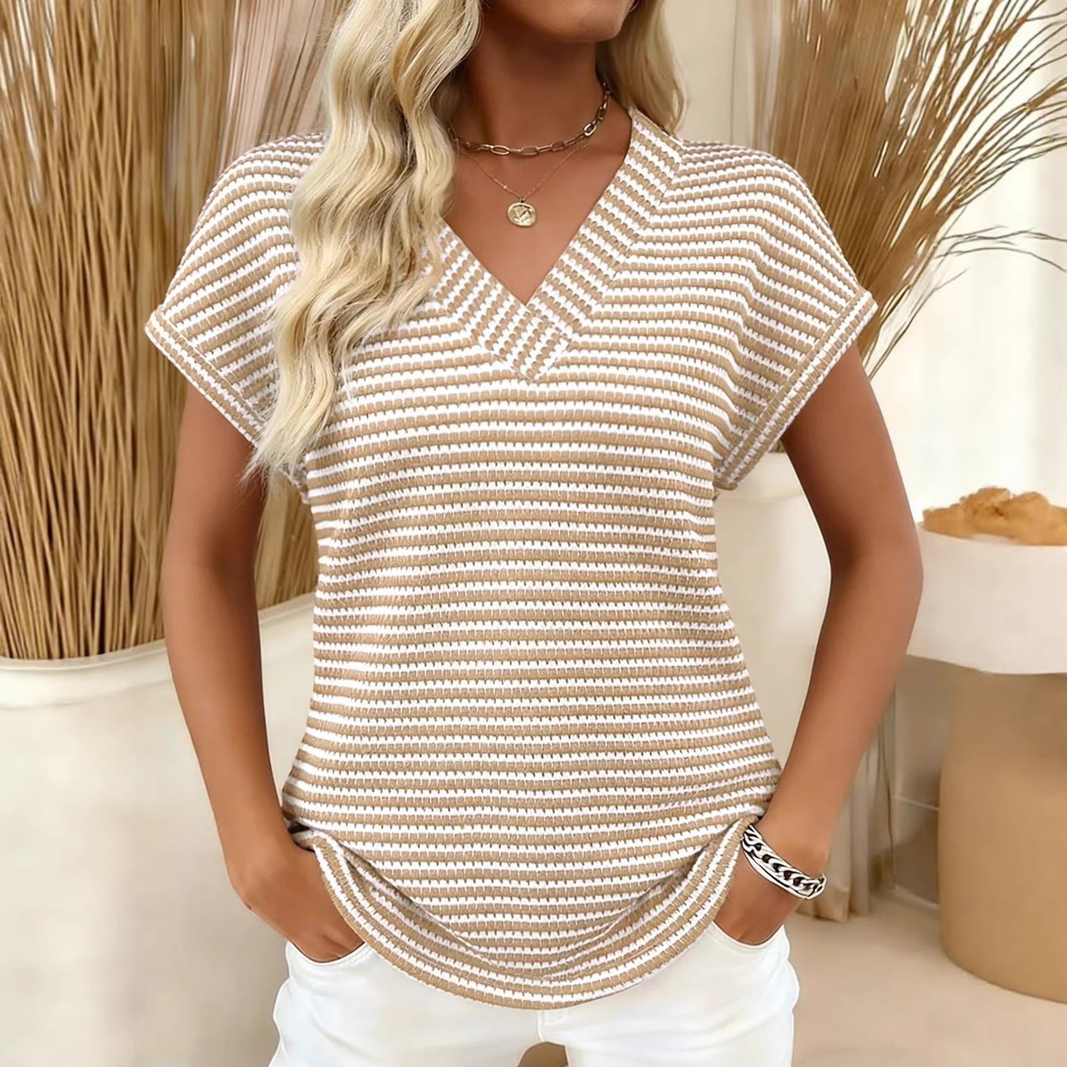 Summer V‑Neck Striped Loose Short‑Sleeve Top