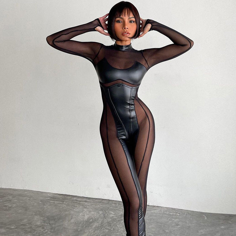 Spliced Mesh Sheer Long-Sleeve Sexy Black Jumpsuit