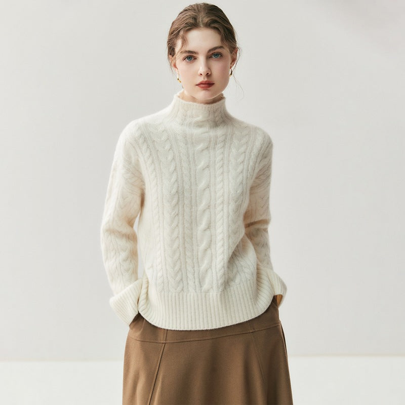 Womens Half-turtleneck Seamed Cable-knit Cashmere Sweater Elegant Artistic and Versatile for Any Look