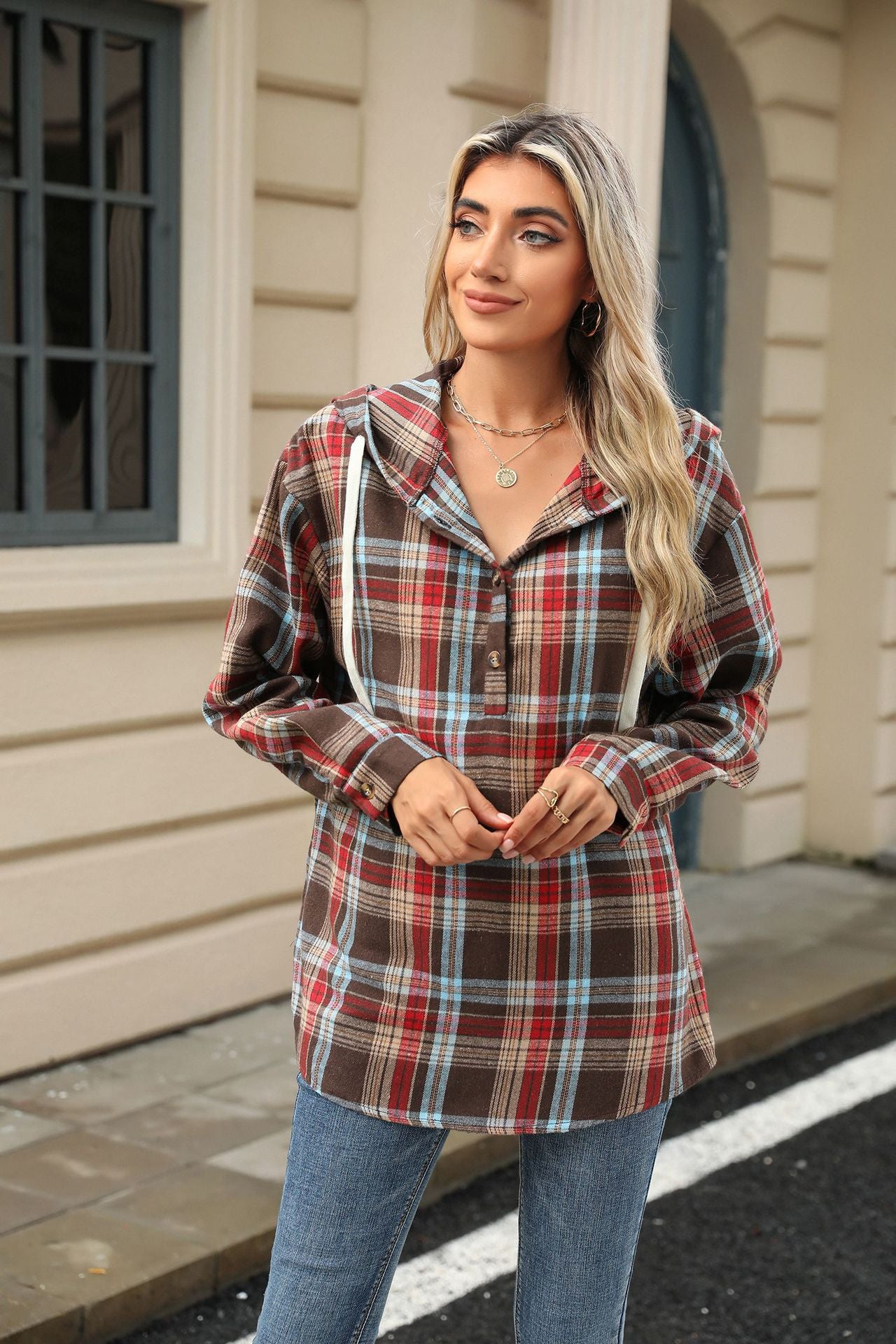 Women's Plaid Button Hoodie Loose Long Sleeve Sweatshirt