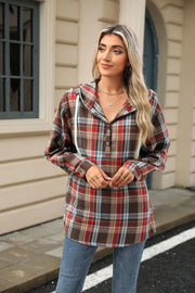 Women's Plaid Button Hoodie Loose Long Sleeve Sweatshirt