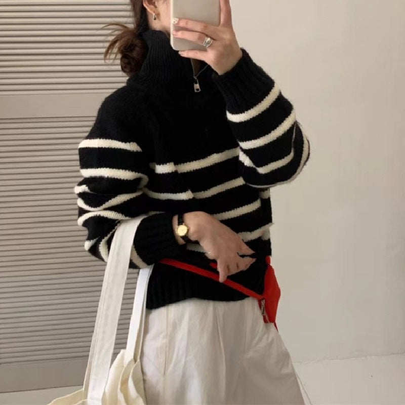 Korean Style Half Turtleneck Zipper Pullover Knitting Vintage Stripe Sweater