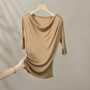 Elegant Silk Pleated Short-Sleeve T-Shirt – Golden Brown