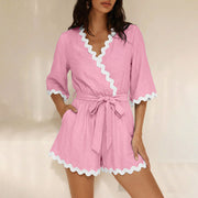 V-neck Fitted-waist Lace-trimmed Patchwork One-piece Shorts