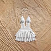 Hollowed-out Lace Slip Dress with Tie-up Neckline Chic and Short-skirted