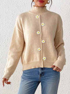 Womens Three-dimensional Hand-crocheted Floral Half-neck Pullover Sweater