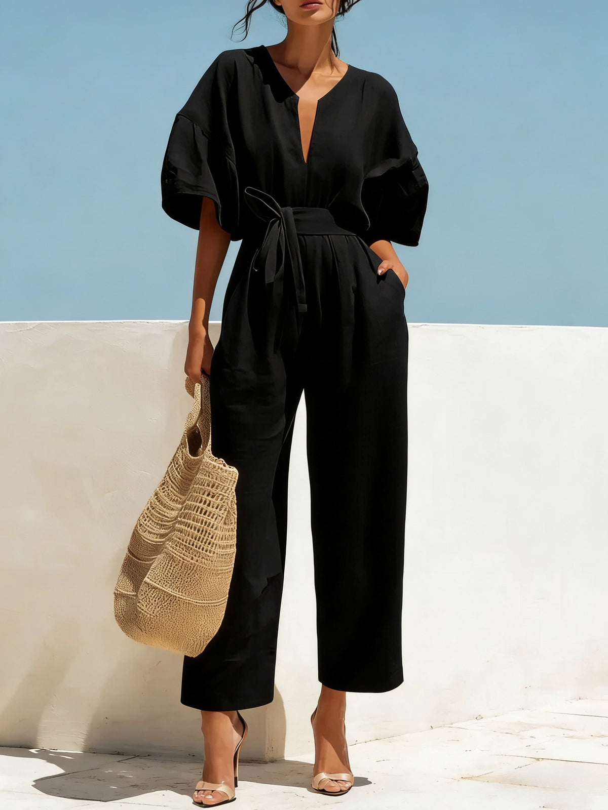 Women's Cotton Linen V-Neck Wide-Leg Jumpsuit