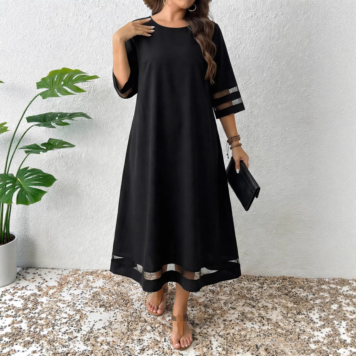 A-line Dress with Mesh-sleeve Paneling