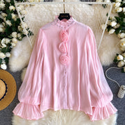 Floral Stand-up Collar Shirt With Puff Sleeves