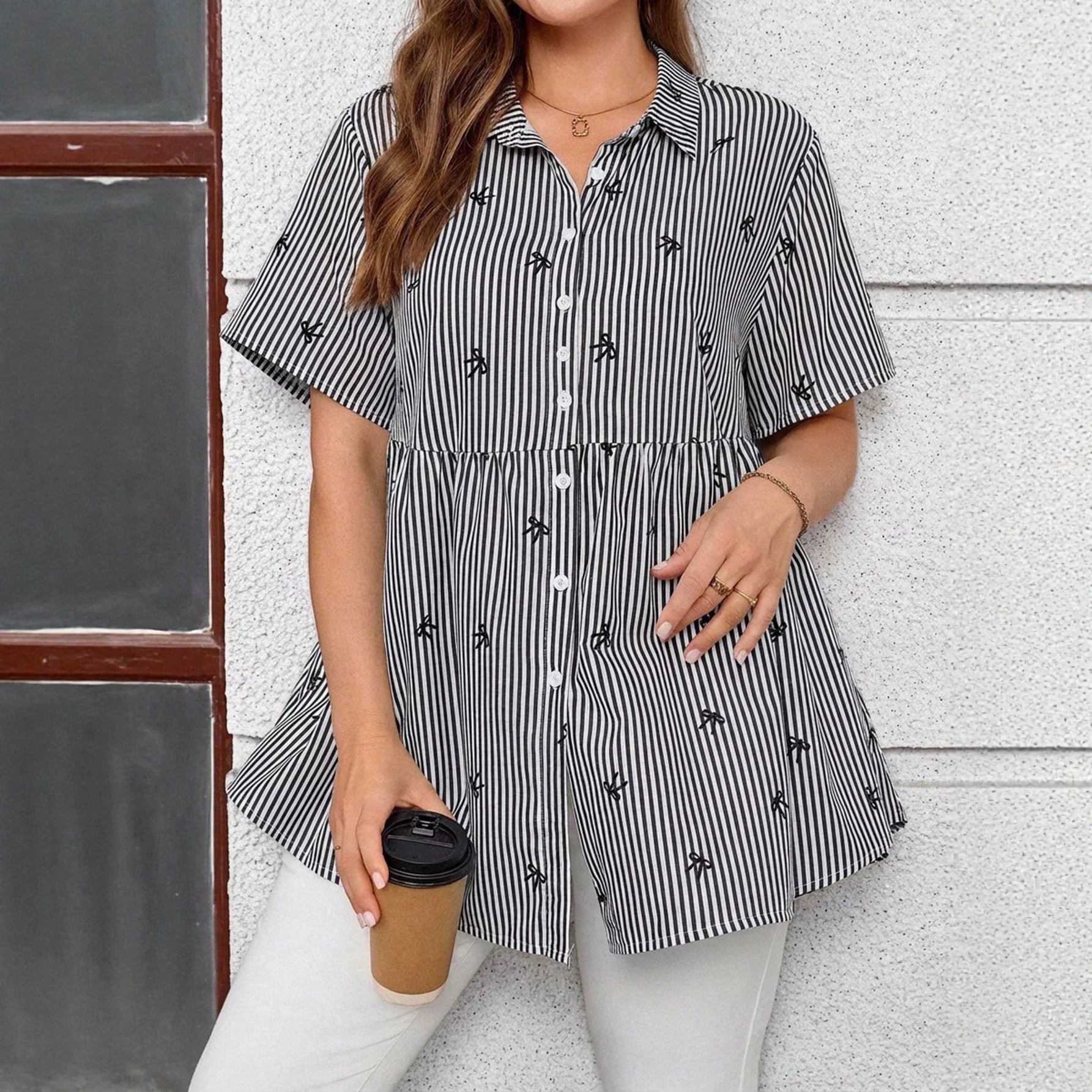 Embroidered Print Short-Sleeve Loose-Fit Collared Casual Top For Women