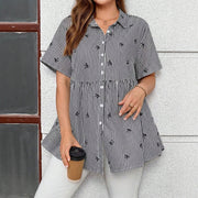 Embroidered Print Short-Sleeve Loose-Fit Collared Casual Top For Women
