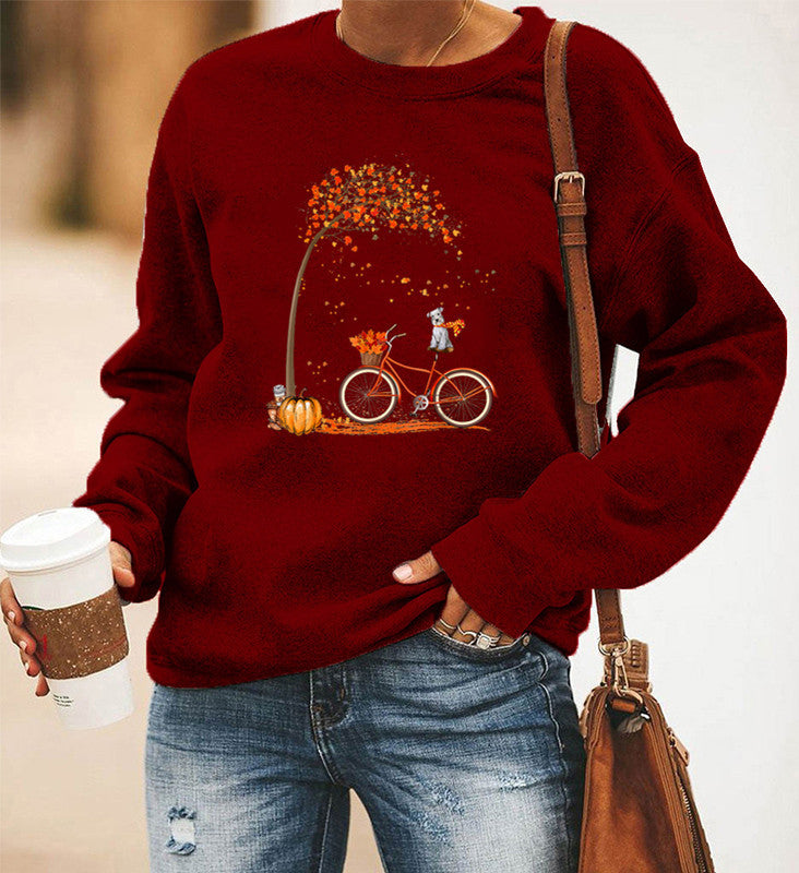 Women's Bicycle Print Fleece Long Sleeve Crew Neck Sweater