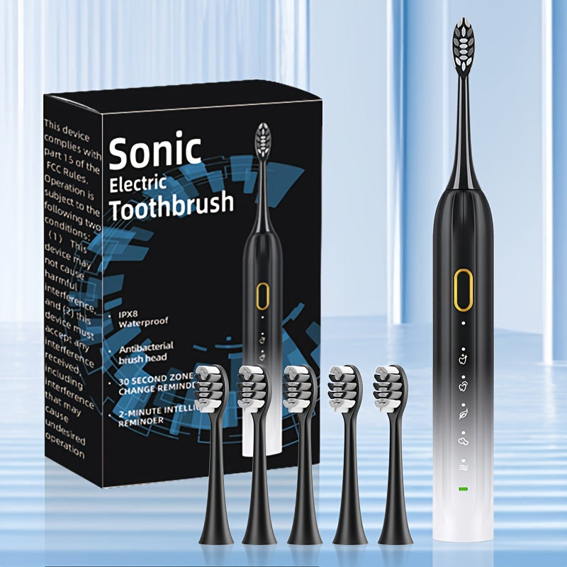 Sonic Electric Toothbrush with Metal Shaft and Rechargeable USB Charging, IPX8 Waterproof, Includes 5 Replacement Brush Heads