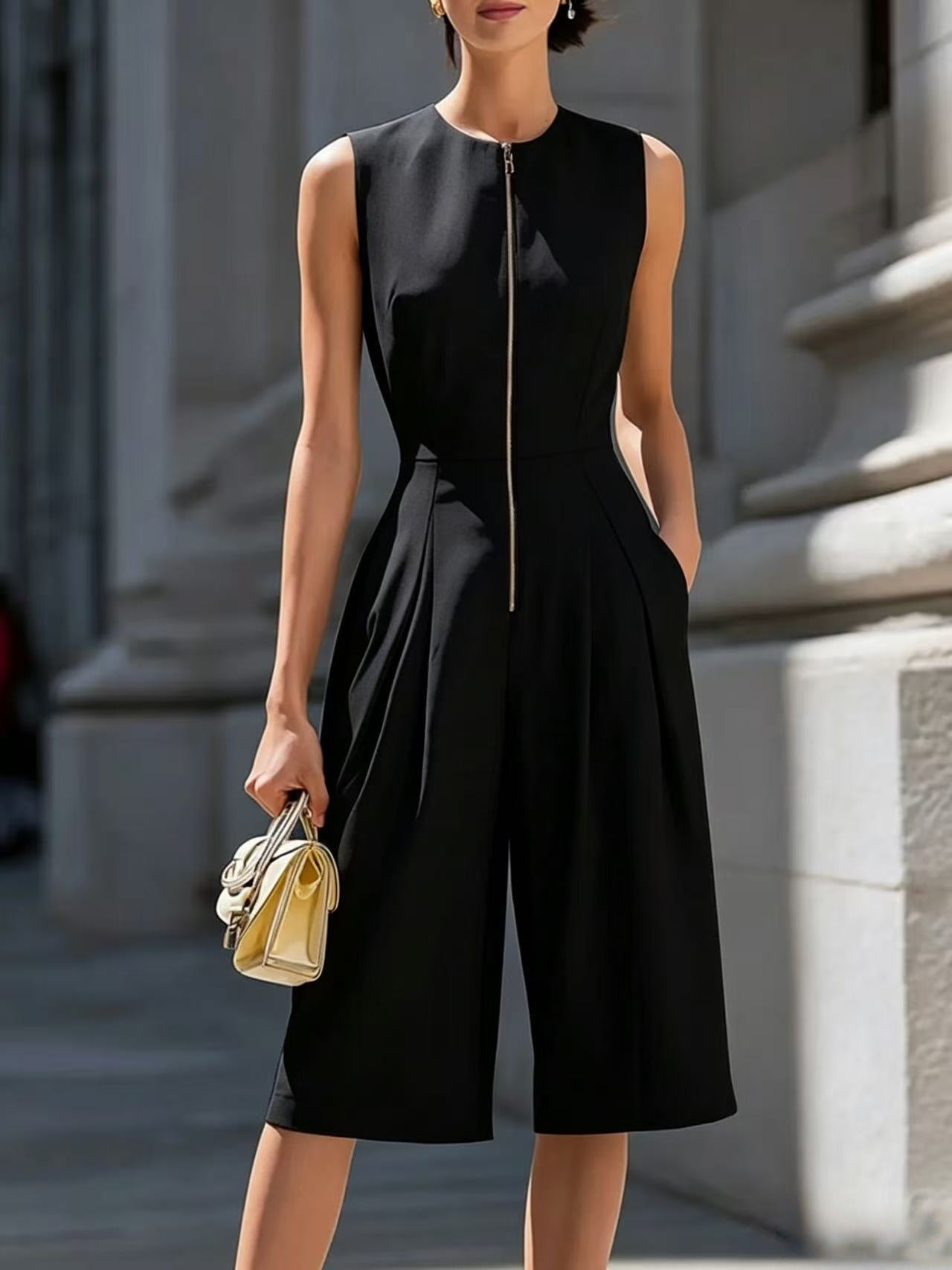 Solid-color Zip-front Crew-neck Sleeveless Wide-leg Jumpsuit