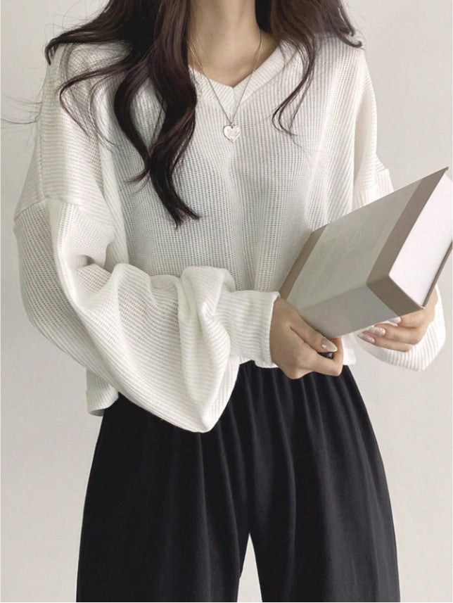 Womens Casual Versatile Solid-color Pullover Knit Sweater Top
