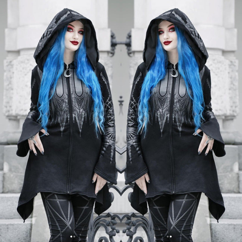 Women's Punk Black Hooded Graphic Sweatshirt Halloween Cosplay