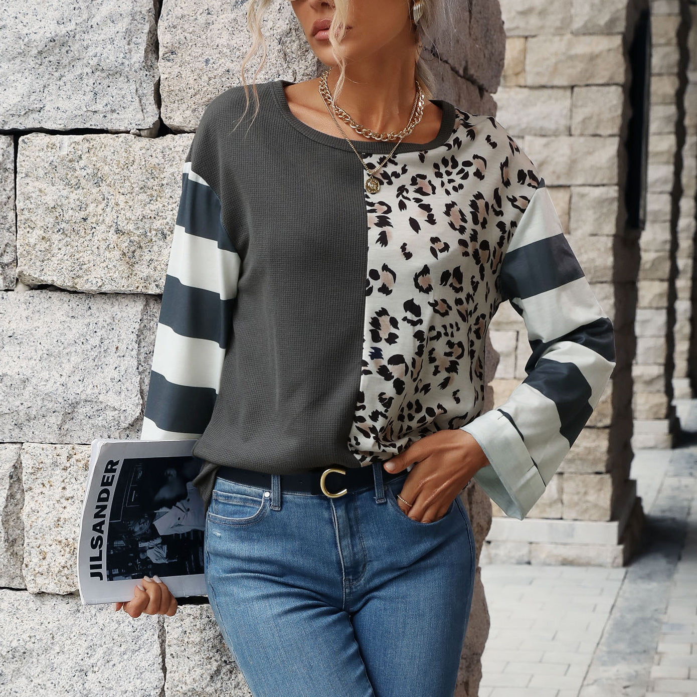 Waffle Knit Striped Pullover Sweater for Women