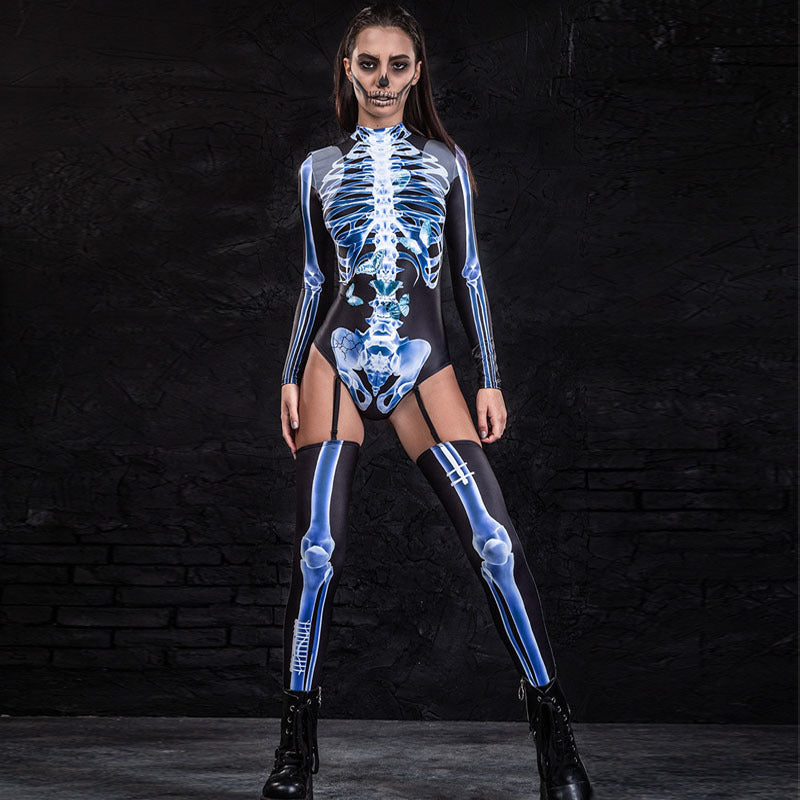 Fluorescent Blue Skull Style Digital Printing Cosplay Tights Cover