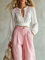 Floral Wrap Crop Top – Long Sleeve, V-Neck, Navel‑Exposed