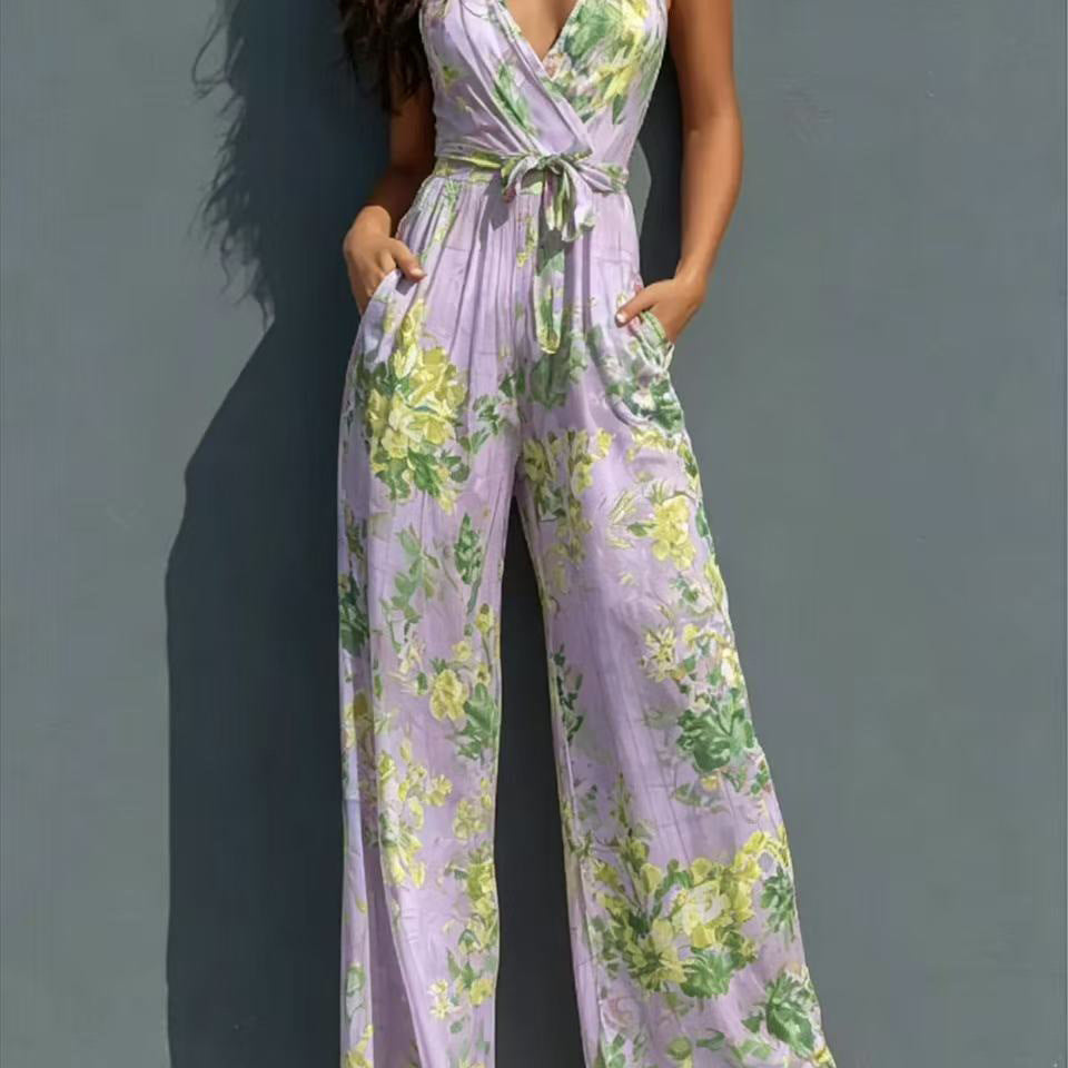 Women's Halter Deep-V Floral Wide-Leg Jumpsuit